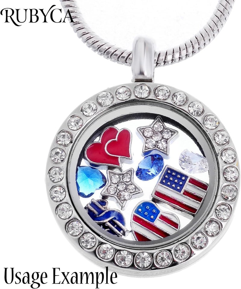 RUBYCA Living Memory Floating Charm Round Glass Locket Pendant Necklace 20 Inches 5pcs Silver Tone White Crystal - Image 5